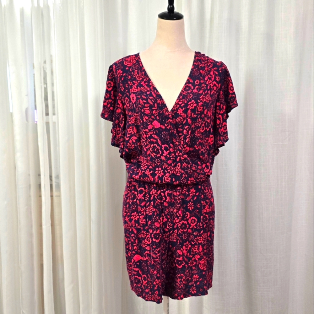 2/$30 Terra & Sky Red Floral Romper Womens Plus‎ Size 3X Flutter Sleeves Summer
